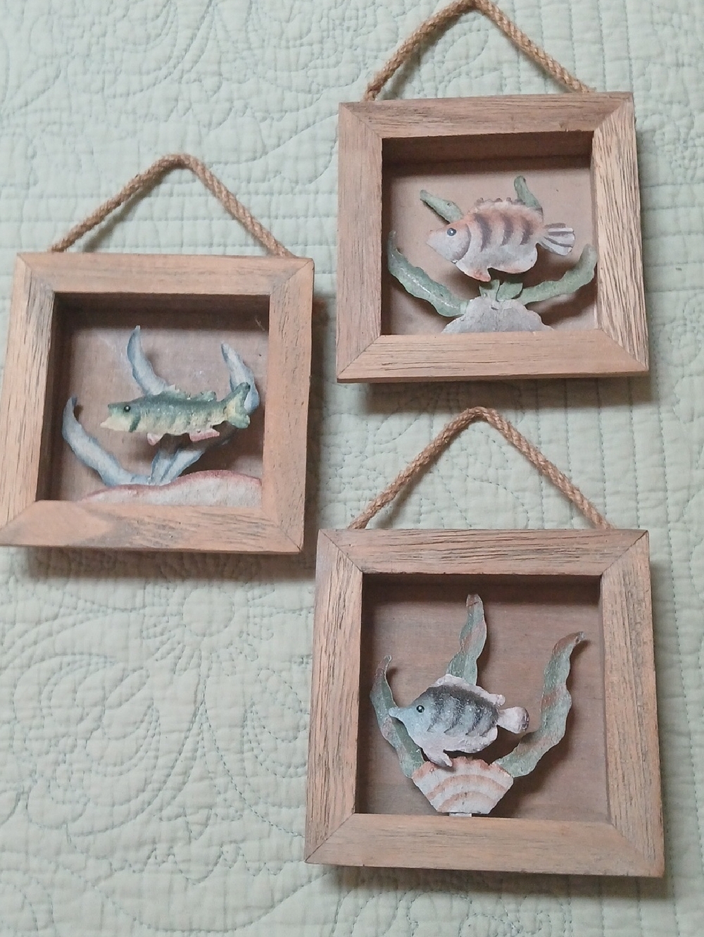 Set of 3 Wooden Framed Fish Wall Art - Coastal Décor